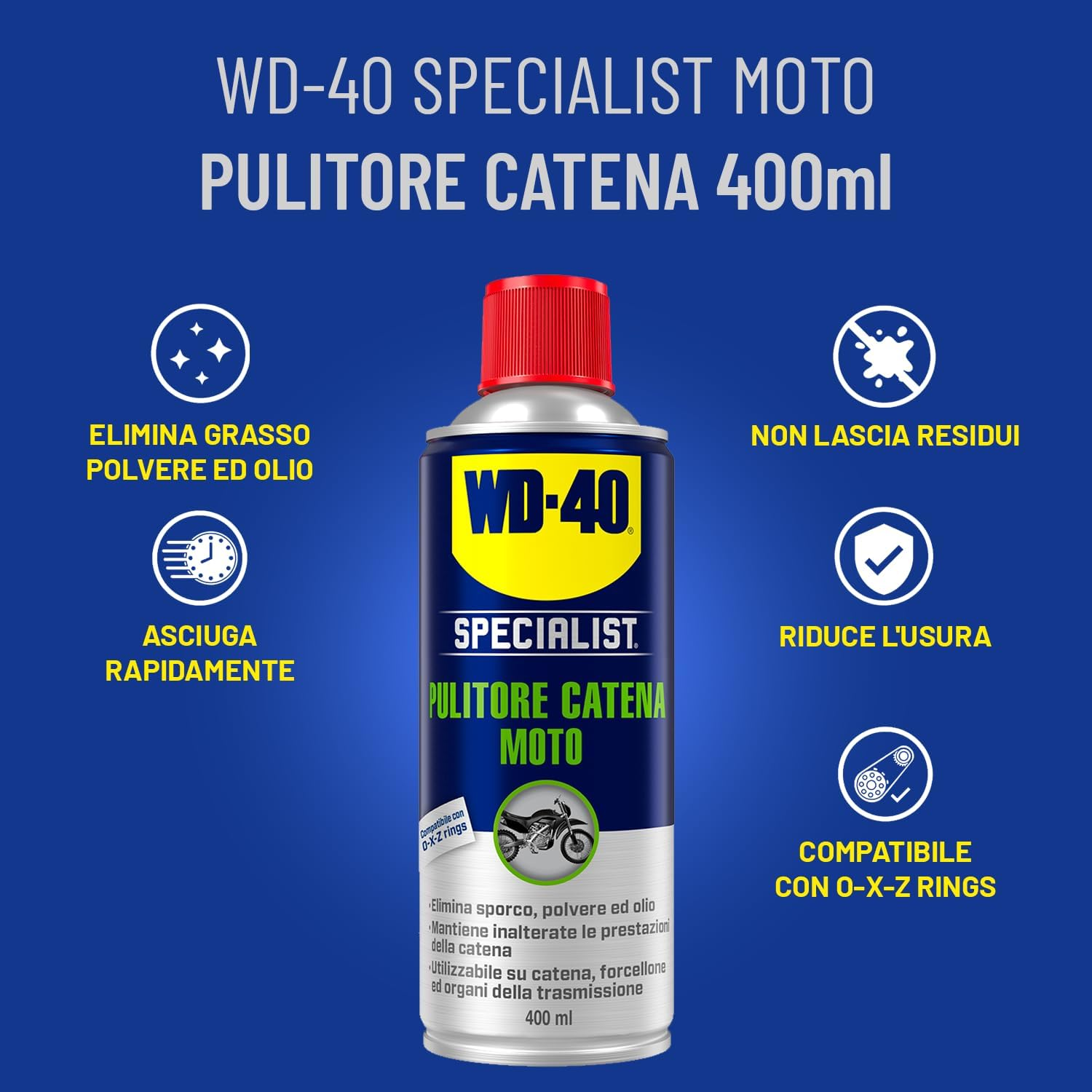 Pulitore Catena Moto - Per catene, forcelloni e trasmissioni - Compatibile con O, X e Z ring - Spray 400ml - WD-40 Specialist - Dettaglio 2