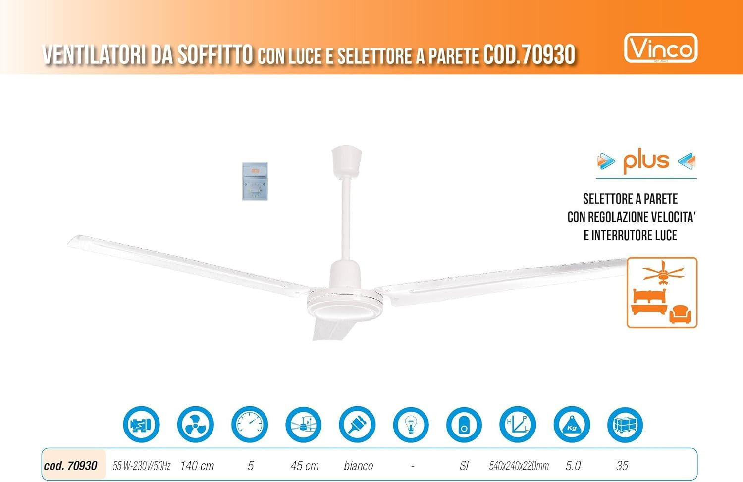 VENTILATORE DA SOFFITTO 3 PALE 5 VELOCITÀ - VINCO - Dettaglio 2